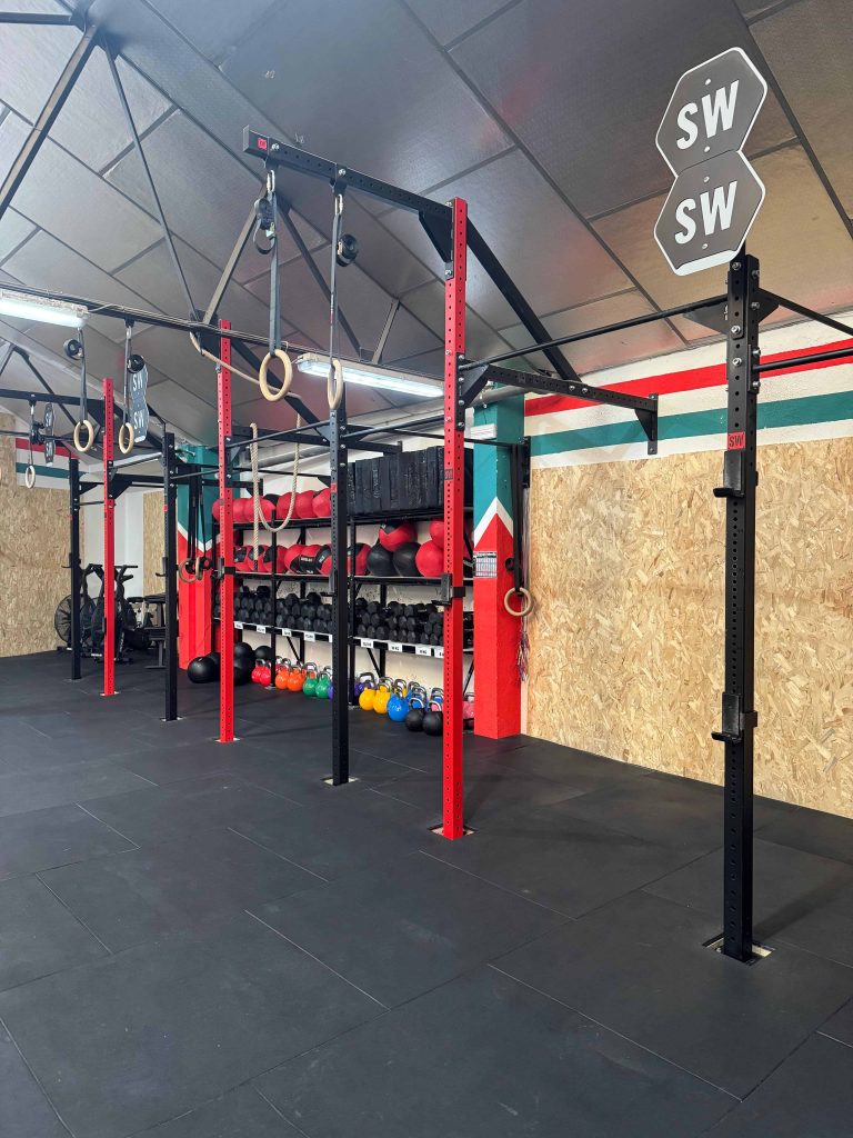 Rig de dominadas con anillas y material de entrenamiento al fondo del box