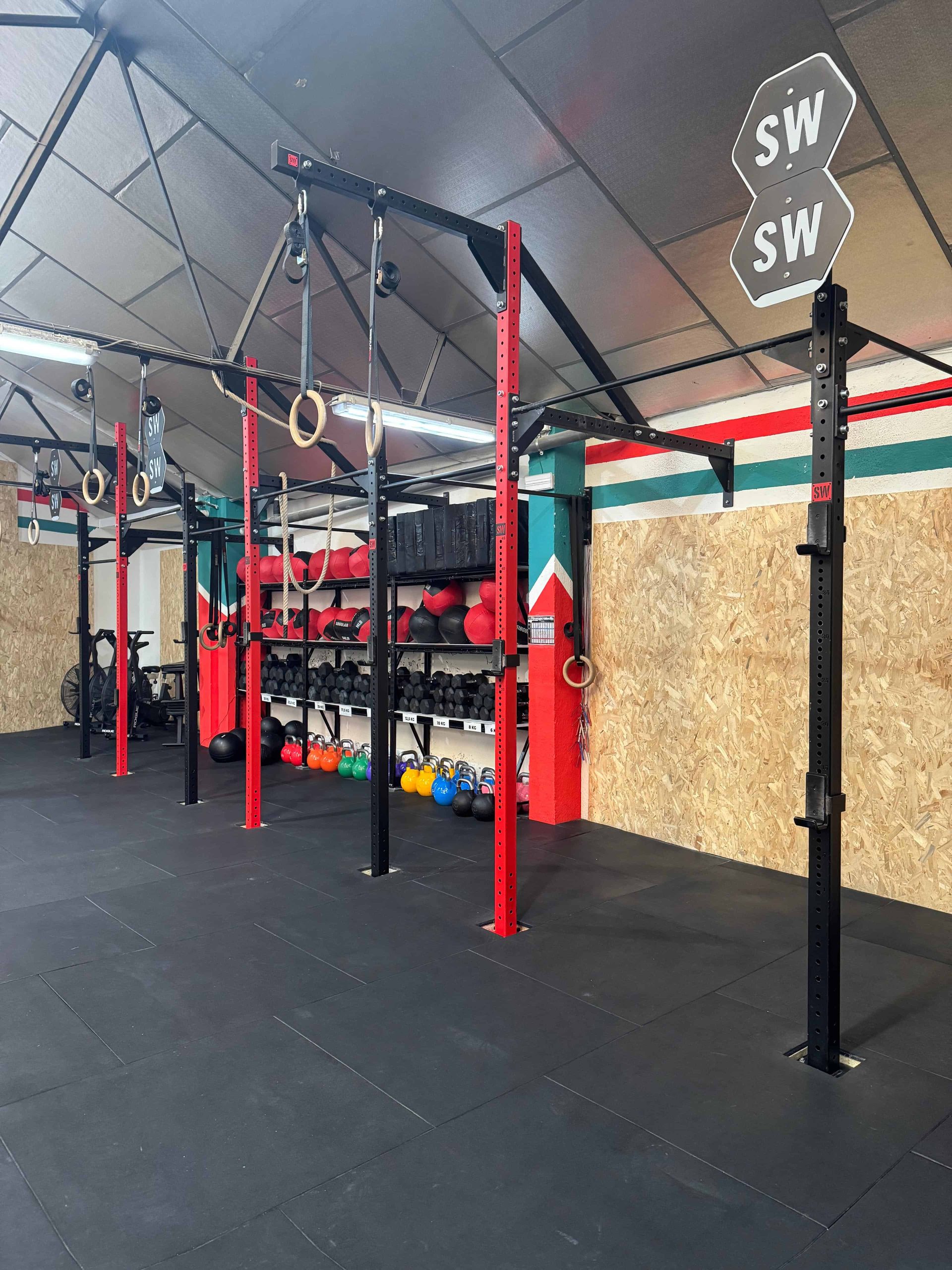 Rig de dominadas con anillas y material de entrenamiento al fondo del box