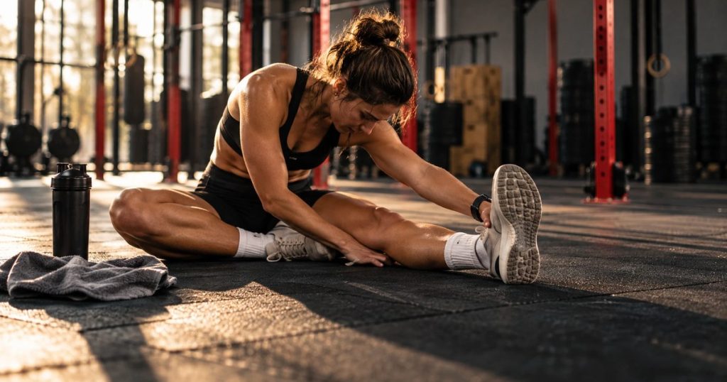 Atleta estirando en el suelo del box tras entrenar, descanso y recuperación en cross training