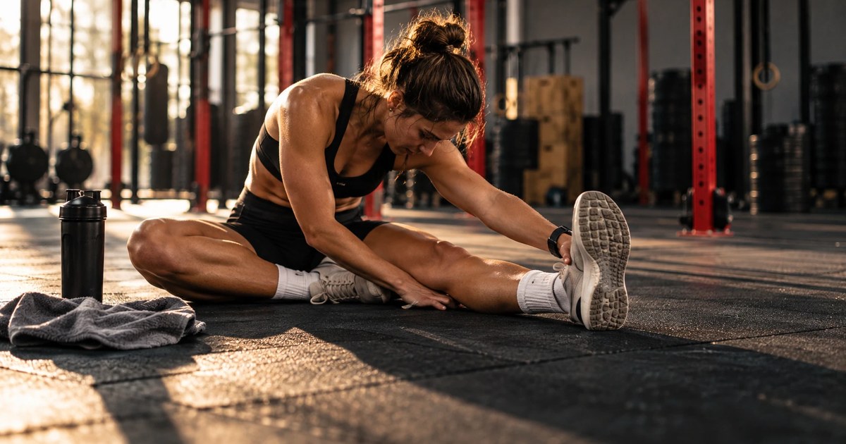 Atleta estirando en el suelo del box tras entrenar, descanso y recuperación en cross training