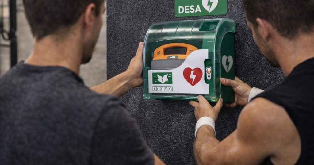 Dos atletas junto al desfibrilador DEA del gimnasio