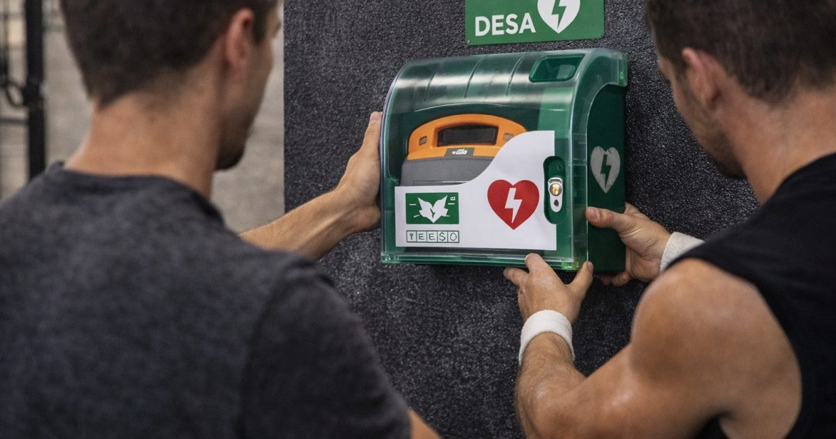 Dos atletas junto al desfibrilador DEA del gimnasio