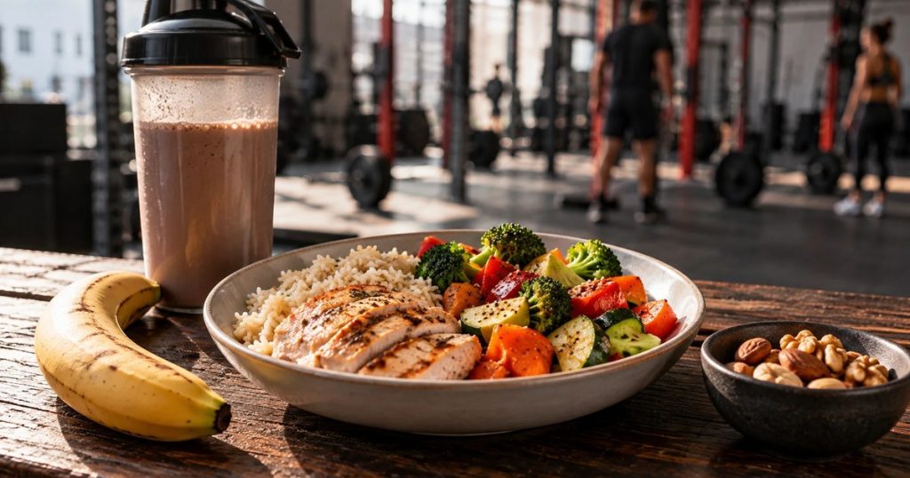Plato de pollo con arroz y verduras, plátano, batido de proteínas y frutos secos para comer antes y después de entrenar