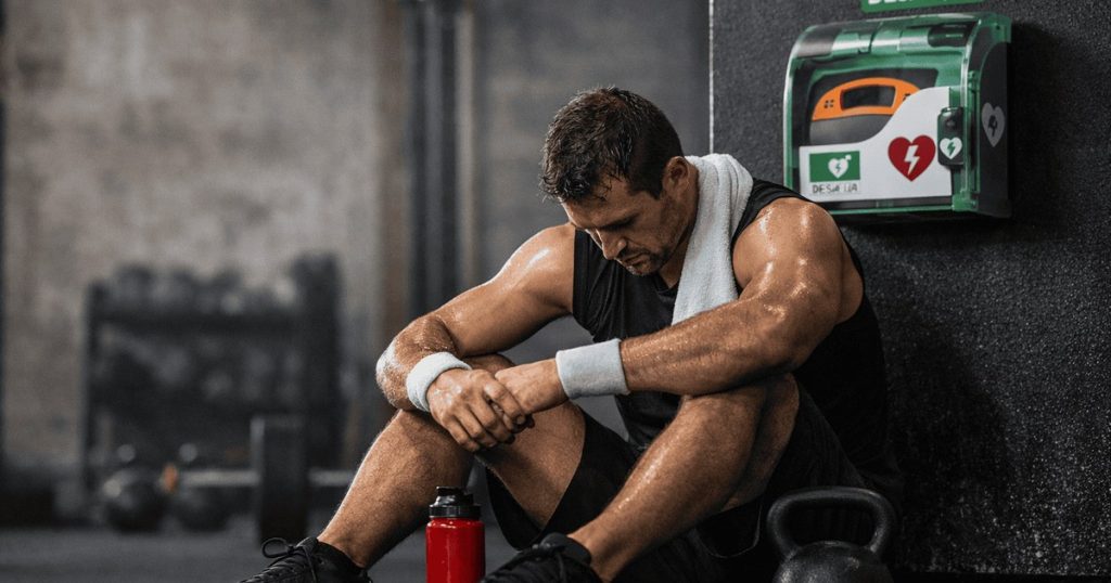 Atleta descansando sentado junto a una kettlebell tras entrenar